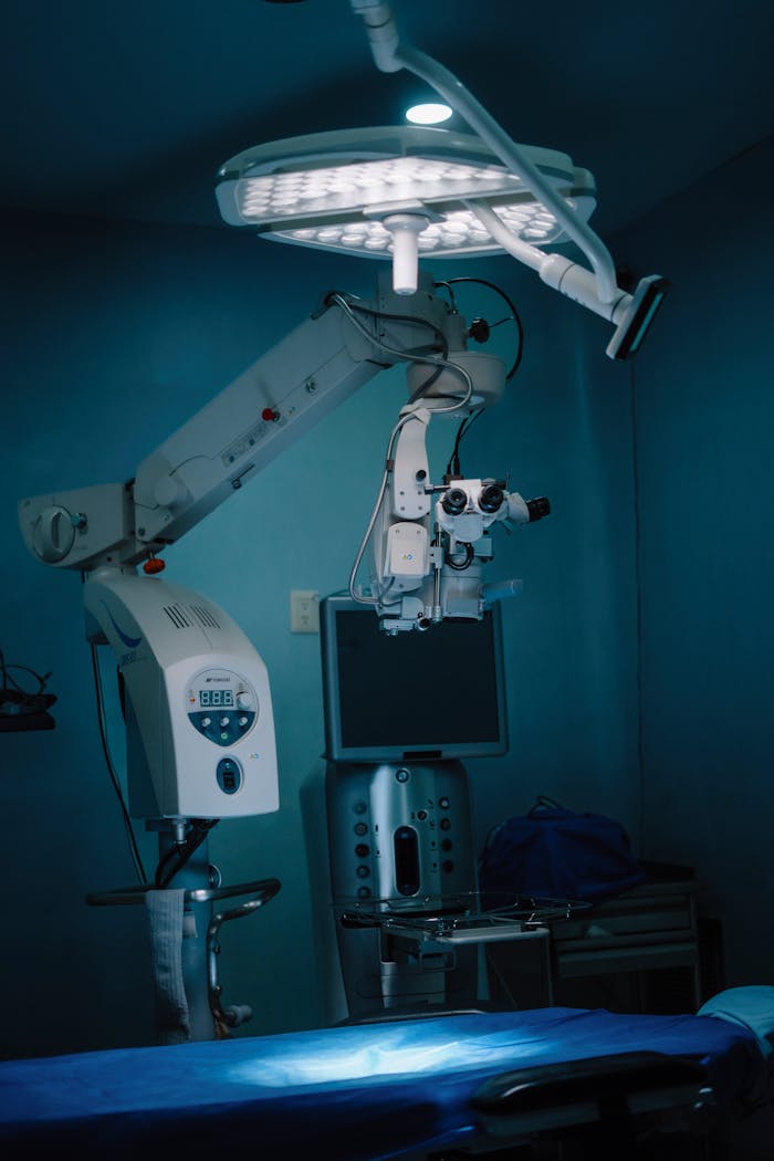 our-experience Surgical operating room with advanced medical equipment and blue lighting.